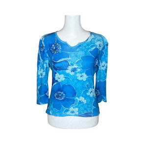 Vtg Y2K Womens Blue Floral Top S Rhinestones Coconut Girl Fairy Resort Vacation